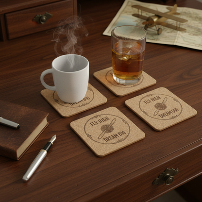 Set of four pilot-themed coasters from The Present Spot, made of cork material, featuring inspirational "Fly High, Dream Big" designs.