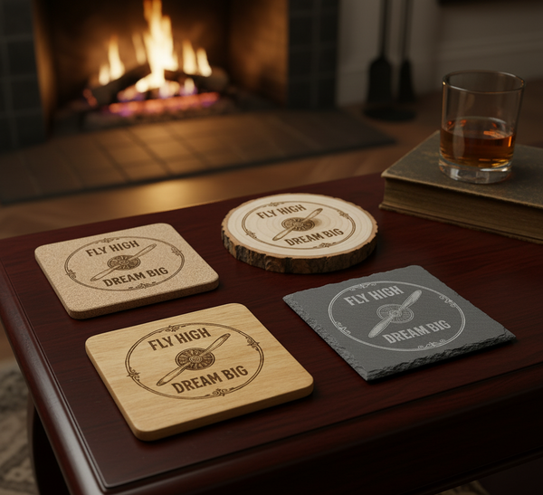 Set of four pilot-themed coasters by The Present Spot, made of cork, featuring inspirational "Fly High, Dream Big" design.