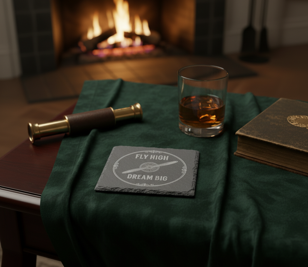 Set of four pilot-themed coasters from The Present Spot, made of cork, with "Fly High, Dream Big" design for aviation enthusiasts.