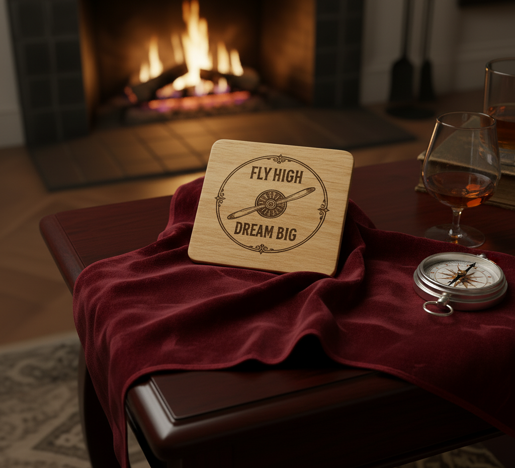 Set of four pilot-themed coasters by The Present Spot, featuring "Fly High, Dream Big" design, available in cork or other materials.