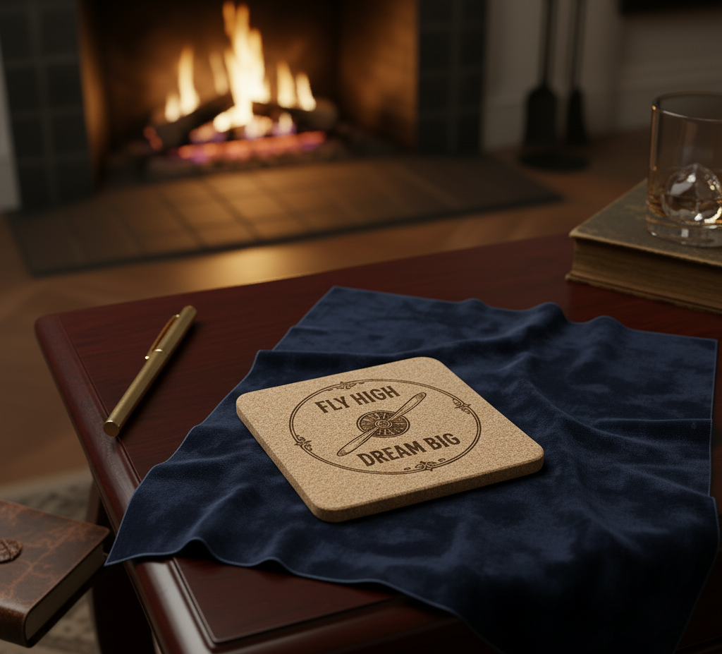 Set of four pilot-themed coasters by The Present Spot featuring "Fly High, Dream Big" design in cork or other materials.