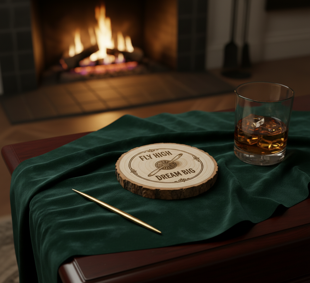 Set of four pilot-themed coasters by The Present Spot featuring "Fly High, Dream Big" design in cork material.