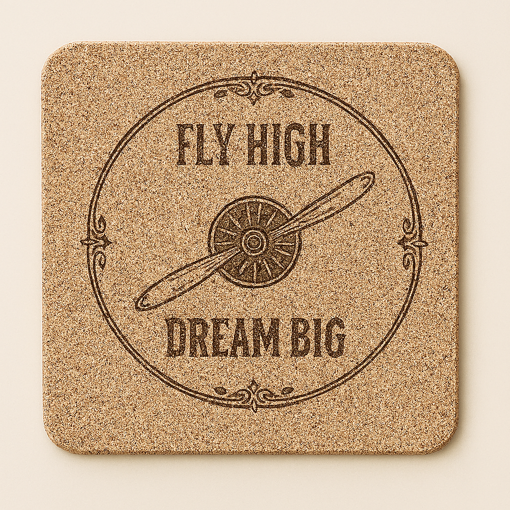 Set of four pilot-themed coasters from The Present Spot featuring "Fly High, Dream Big" design in cork material.