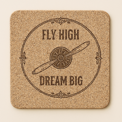 Set of four pilot-themed coasters from The Present Spot featuring "Fly High, Dream Big" design in cork material.