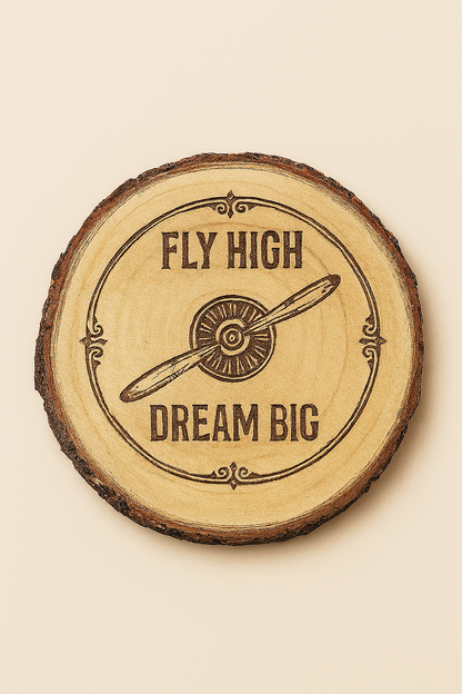 Set of four pilot-themed coasters from The Present Spot, made of cork, featuring inspiring "Fly High, Dream Big" design.