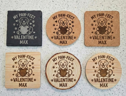 Set of four personalized pet slate coasters engraved with dog and cat names, perfect as a pet-themed gift.