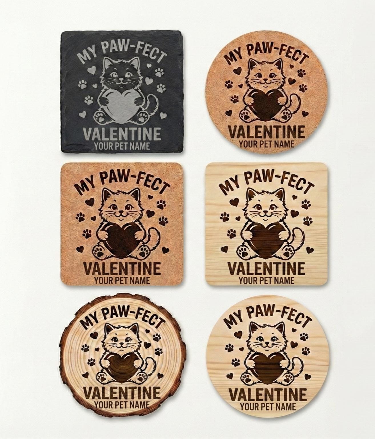 Set of four personalized slate pet coasters engraved with dog and cat names, ideal as a thoughtful pet gift.