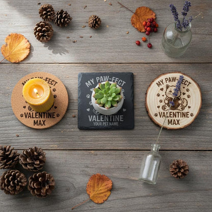 Set of four personalized pet coasters with engraved dog and cat names on slate, perfect as a pet gift from The Present Spot.