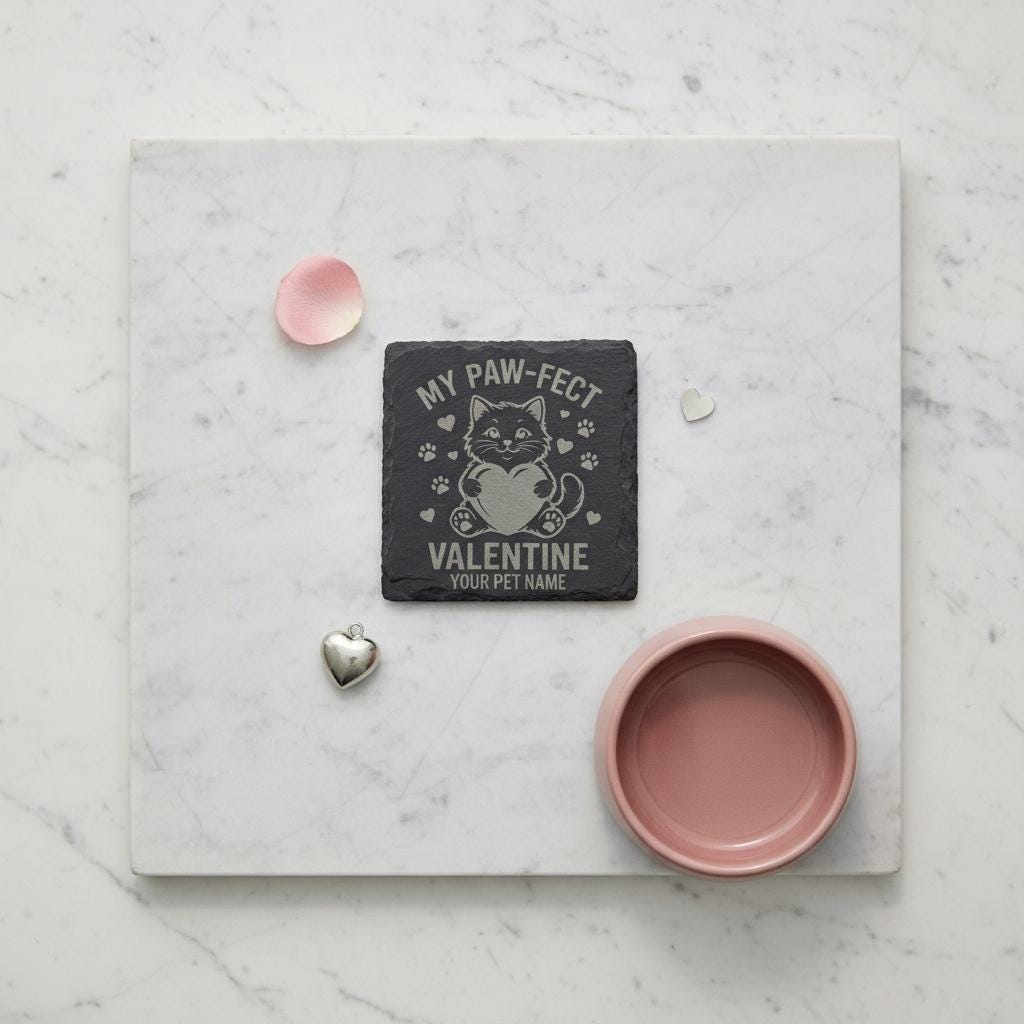 Set of 4 personalized slate pet coasters engraved with dog and cat names, perfect for pet lovers and gift-giving.