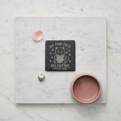 Set of 4 personalized slate pet coasters engraved with dog and cat names, perfect for pet lovers and gift-giving.