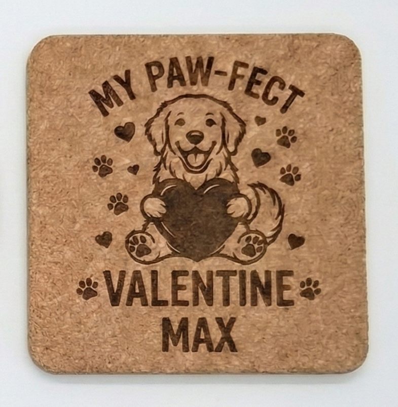 Set of four personalized pet coasters with engraved dog and cat names on slate, featuring custom pet illustrations.
