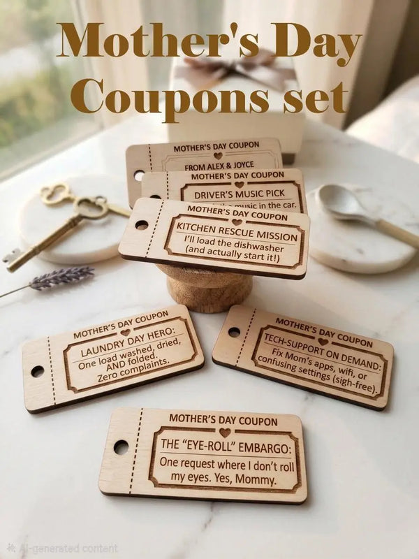 Wooden coupons for Mom by The Present Spot, featuring kids' help and chore vouchers on birch plywood.