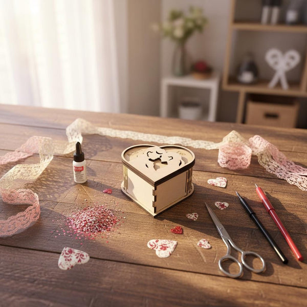 Personalized DIY wooden heart box craft kit by The Present Spot for Valentine's Day and anniversaries, featuring wood pieces and decorations.