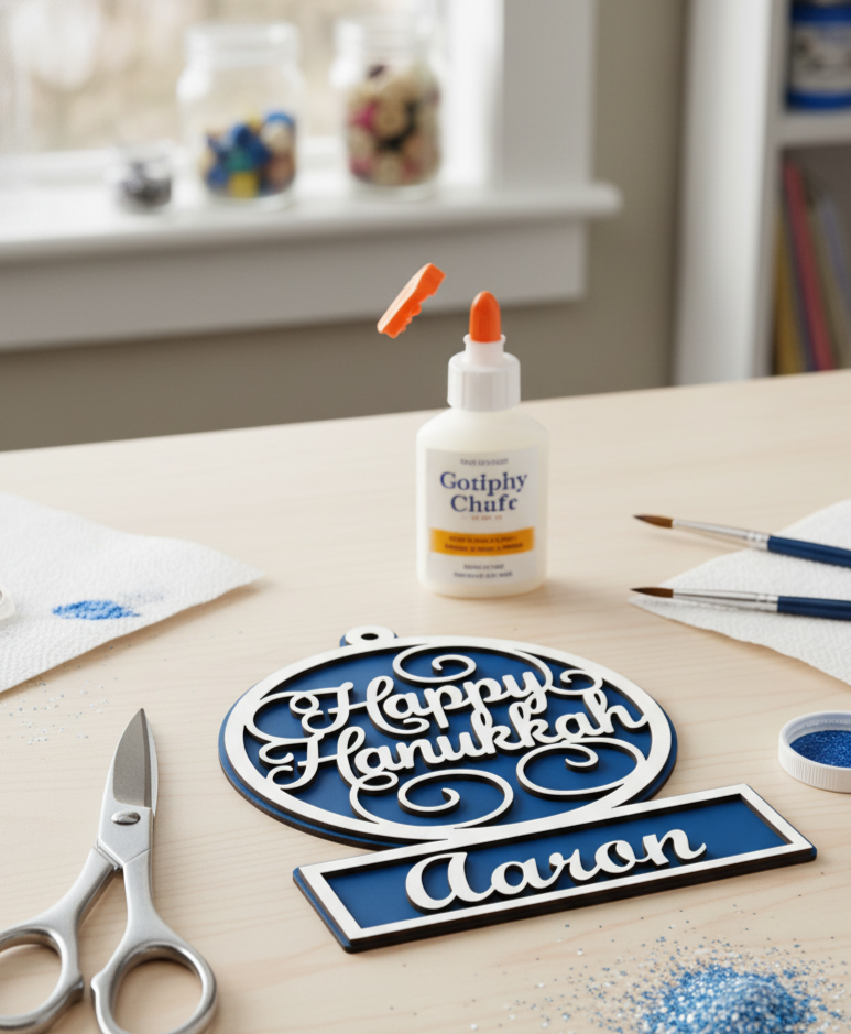 Set of four Hanukkah wood ornament DIY craft kit by The Present Spot, featuring customizable ornaments for holiday decoration.