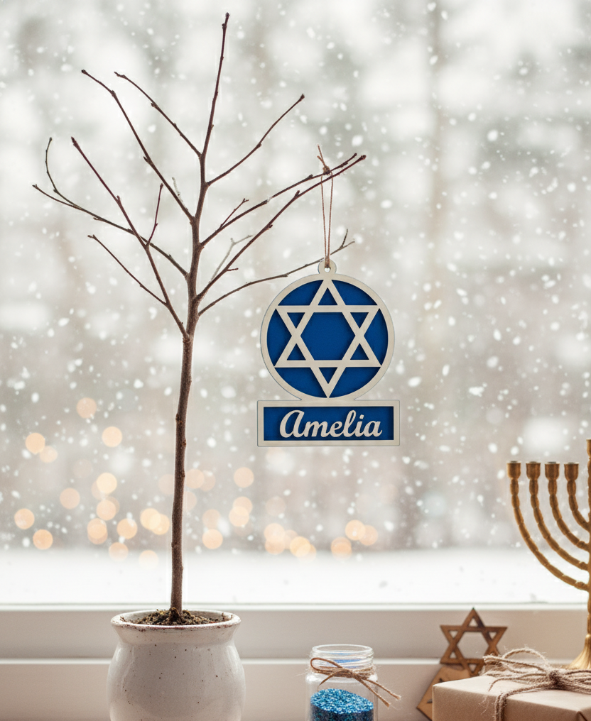 Custom Hanukkah ornament craft set by The Present Spot, includes four DIY wooden Hanukkah-themed ornaments for decorating.