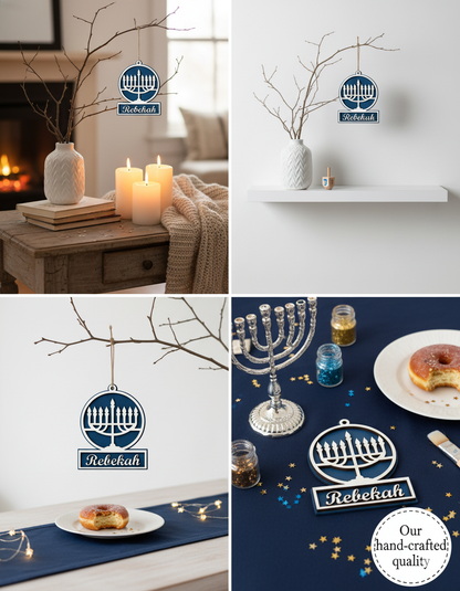 Custom Hanukkah Ornament Craft Set by The Present Spot, includes four DIY wooden Hanukkah ornaments for creative holiday decorating.