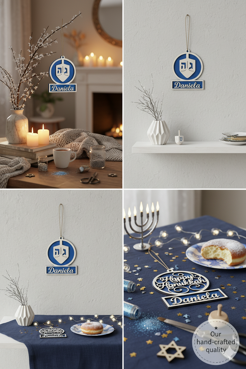 Set of 4 Hanukkah wood ornament DIY craft kits by The Present Spot, featuring customizable designs for holiday decorating.