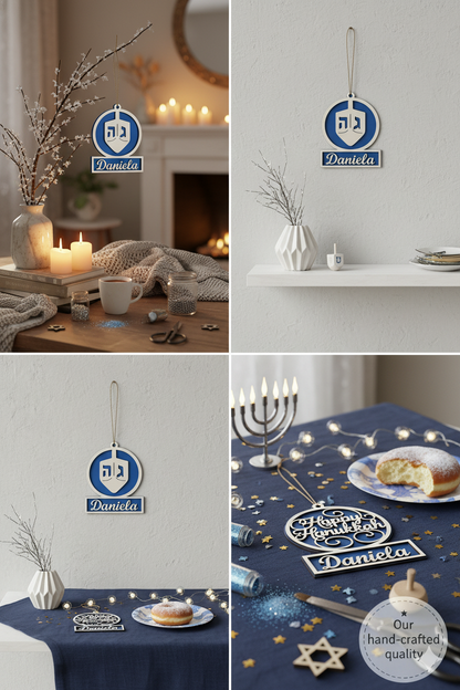 Set of 4 Hanukkah wood ornament DIY craft kits by The Present Spot, featuring customizable designs for holiday decorating.