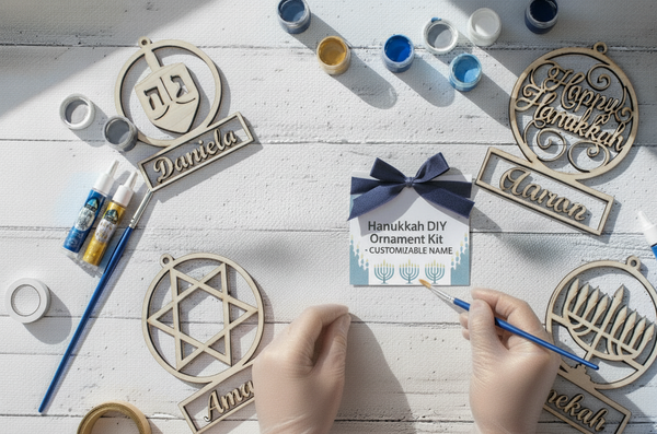 Set of four Hanukkah wood ornament craft kit by The Present Spot, DIY holiday decorations for Hanukkah celebrations.