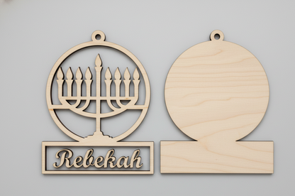 Custom Hanukkah ornament craft set by The Present Spot, includes four DIY wooden Hanukkah ornaments for holiday decorating.