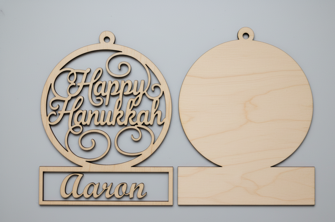 Custom Hanukkah Ornament Craft Set by The Present Spot, set of 4 DIY wooden Hanukkah ornaments for holiday decorating.