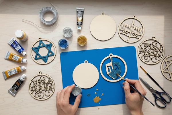 Laser-cut Hanukkah ornament craft set by The Present Spot, featuring four shapes for kids and adults to create holiday decorations.