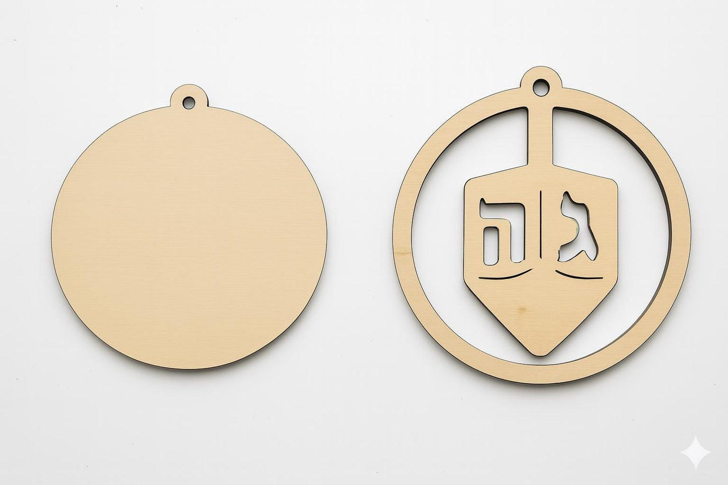 Laser-cut Hanukkah ornament craft set by The Present Spot, featuring four shapes for kids and adults to create holiday decorations.