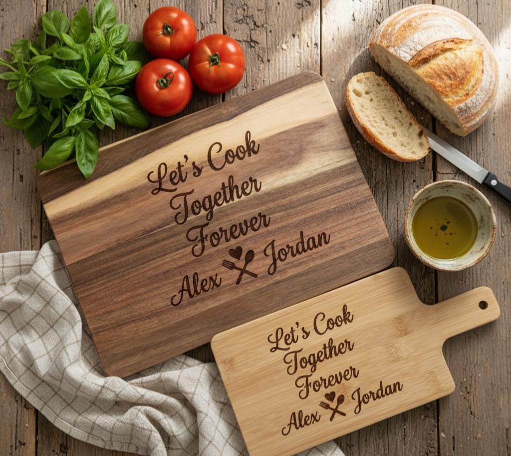 Personalized couple cutting board from The Present Spot, made of acacia wood, perfect for anniversary or Valentine’s Day gift.