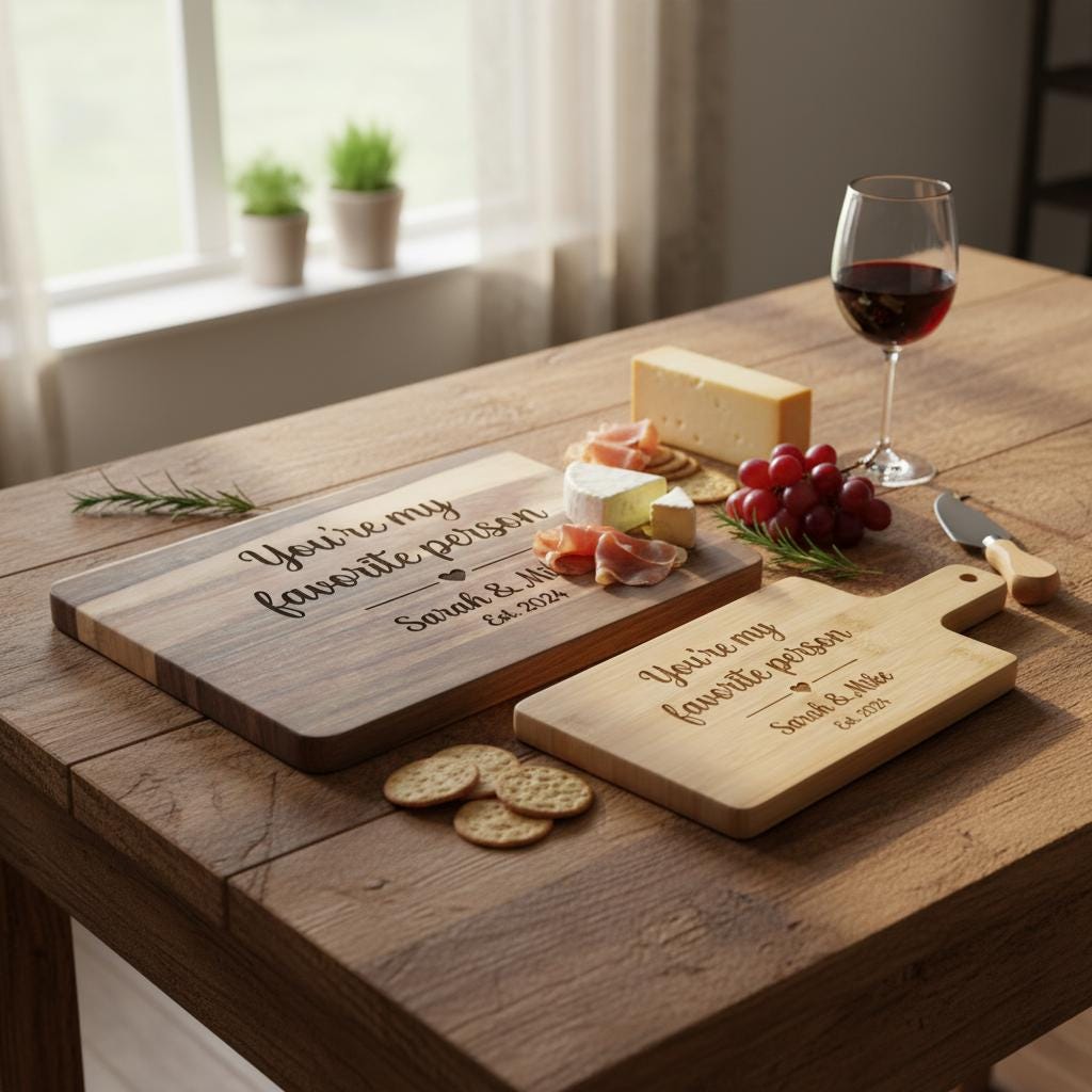 Personalized acacia wood couple cutting board from The Present Spot, ideal for anniversaries and Valentine’s Day celebrations.
