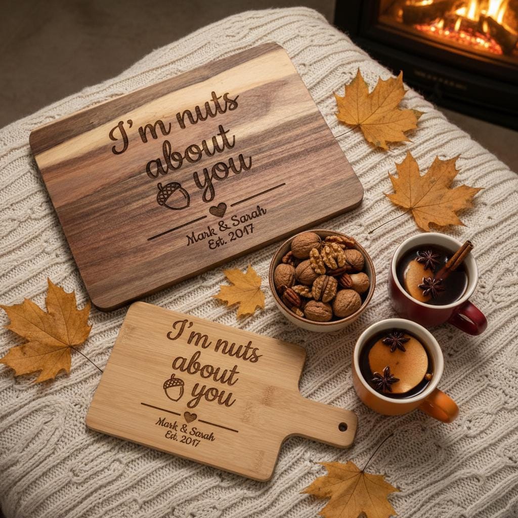 Personalized couple cutting board from The Present Spot, made of acacia wood, ideal for anniversary or Valentine's Day gifts.