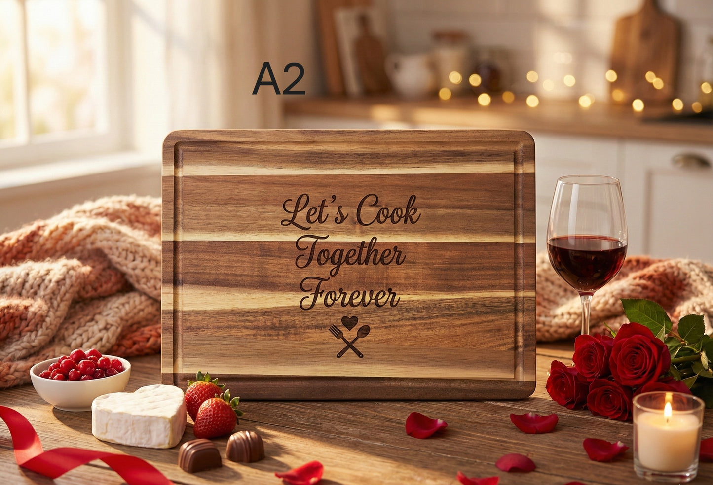 Personalized couple's cutting board from The Present Spot, made of acacia wood, ideal for anniversary or Valentine’s Day gift.