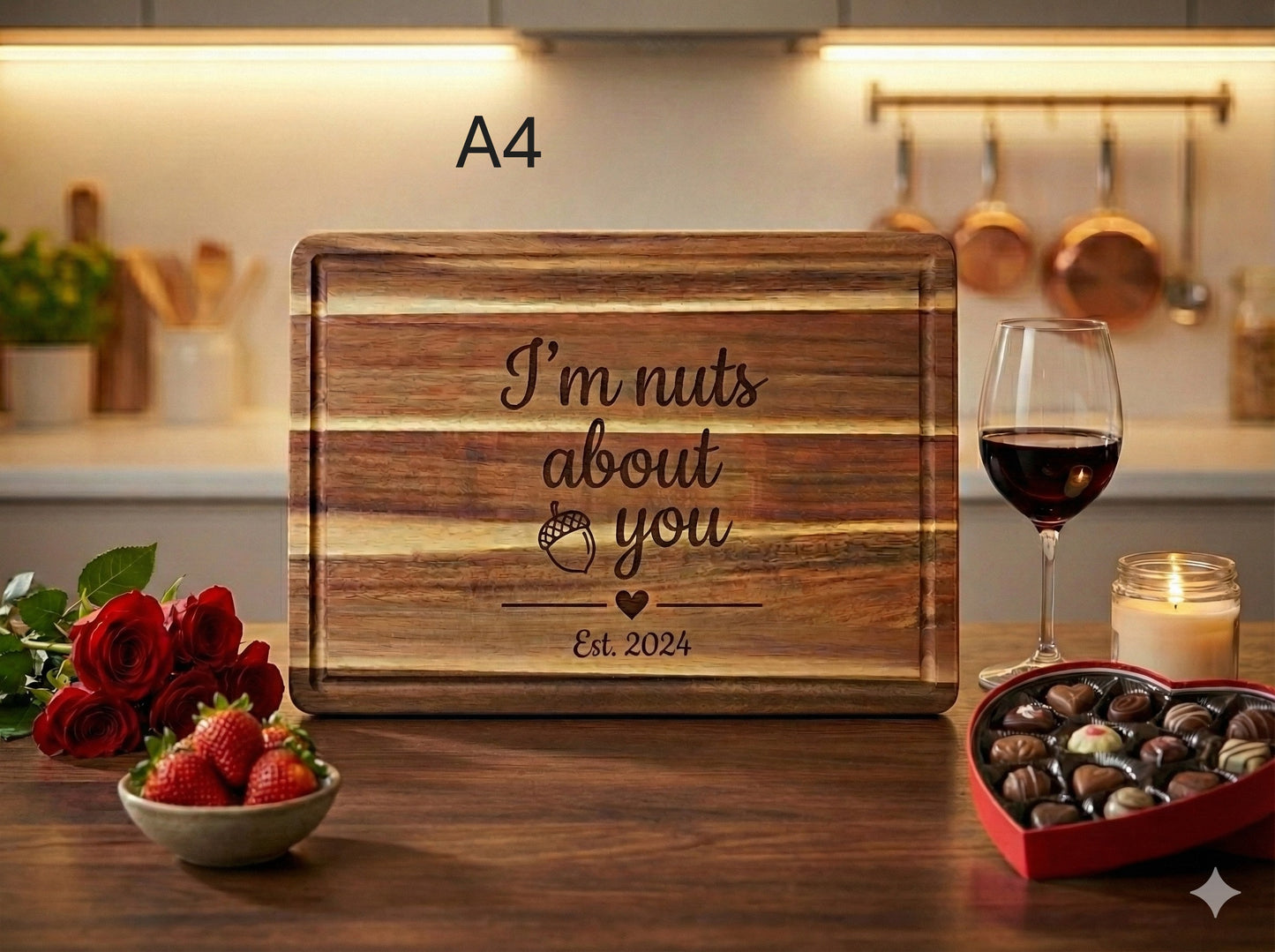 Personalized couple cutting board from The Present Spot, 14x10 inch acacia wood for anniversary or Valentine's Day gift.