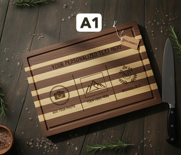 Personalized acacia cutting board from The Present Spot with engraved photo, logo, or text for custom serving and display.