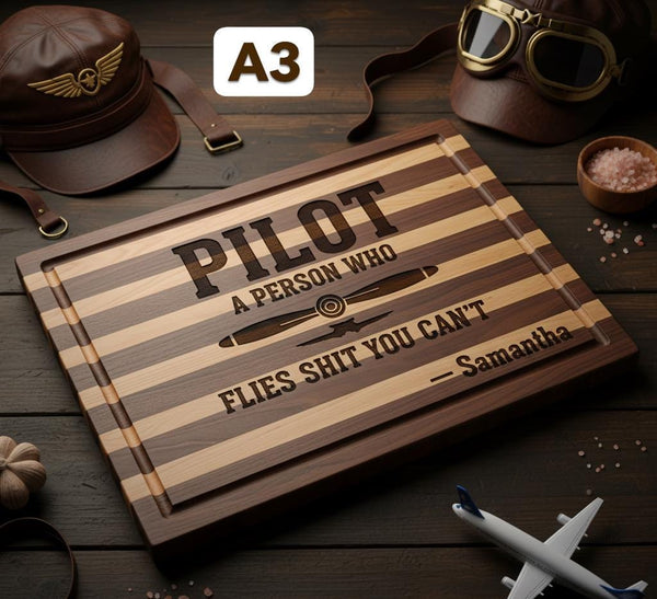 Personalized Pilot Definition serving board made of acacia or bamboo, engraved with pilot-themed design and custom text.