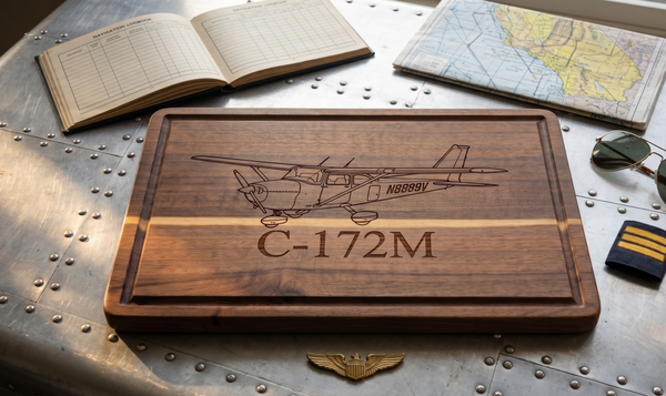 Personalized aircraft tail number cutting board by The Present Spot, custom aviator’s serving and pilot gift, acacia wood, 14x10 inches.