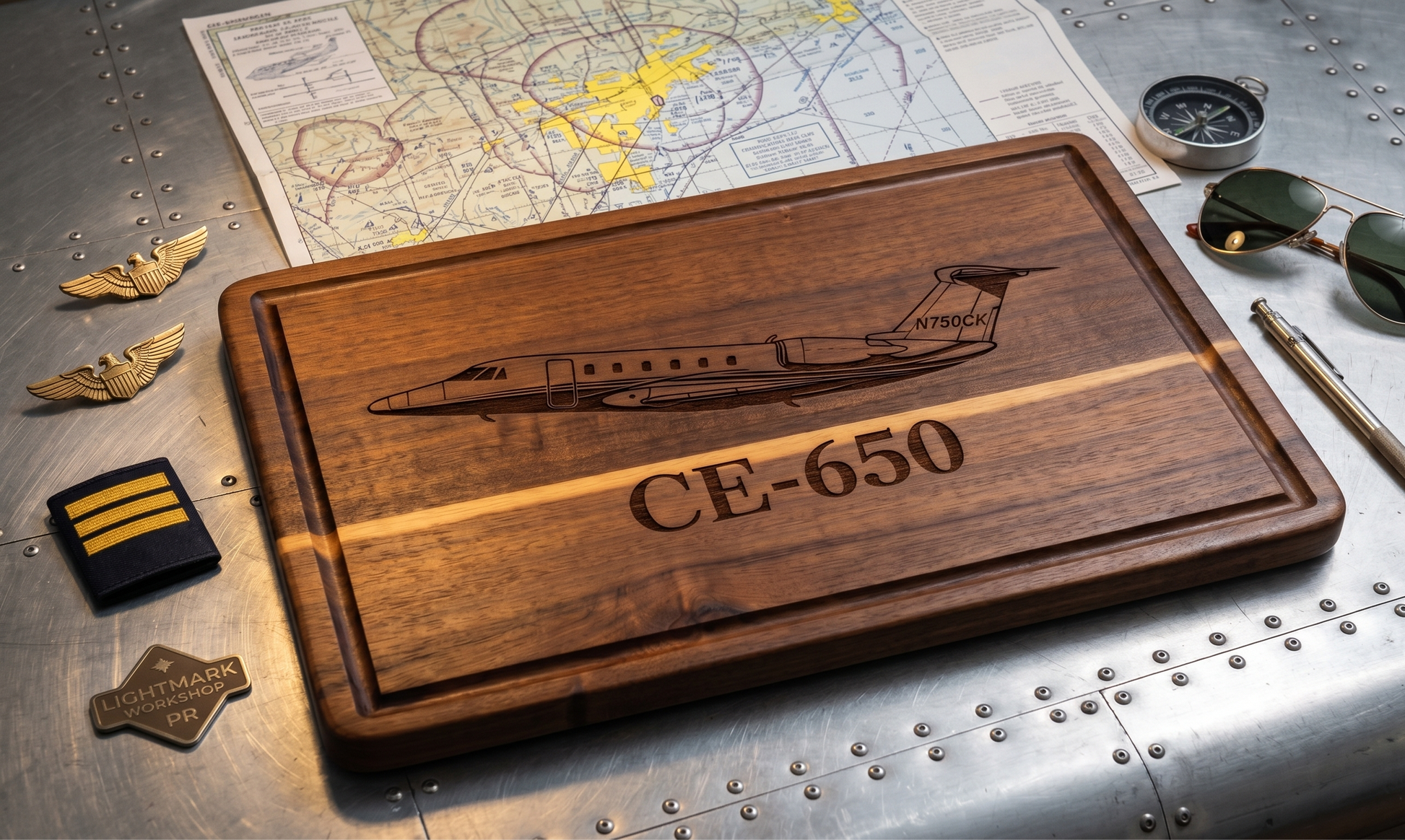 Custom aircraft tail number serving board by The Present Spot, personalized aviator’s cutting board with wood grain and aircraft design.