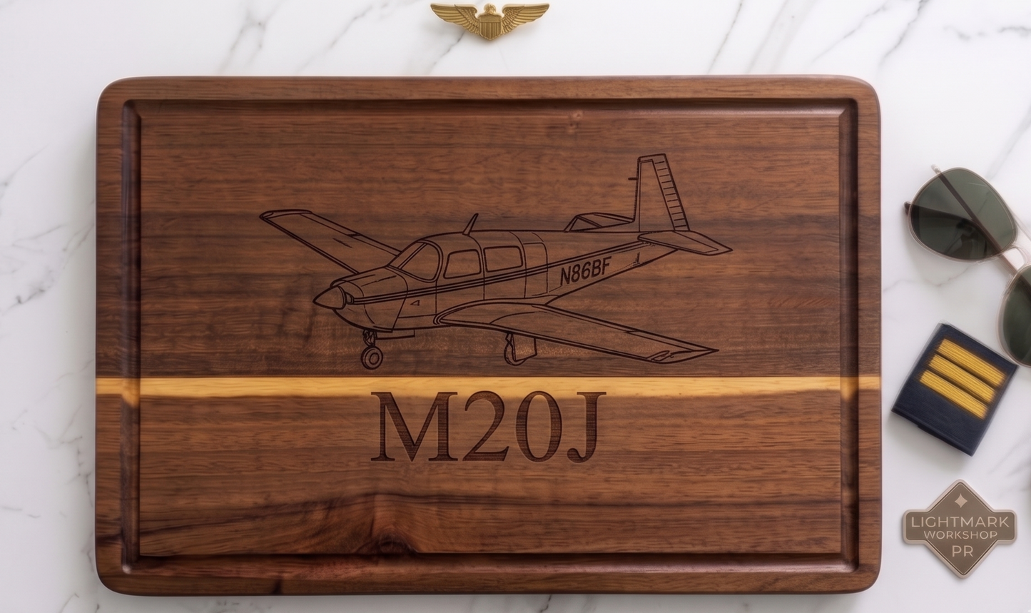 Custom aircraft tail number serving board by The Present Spot, personalized acacia cutting board for pilots and aviator gifts.