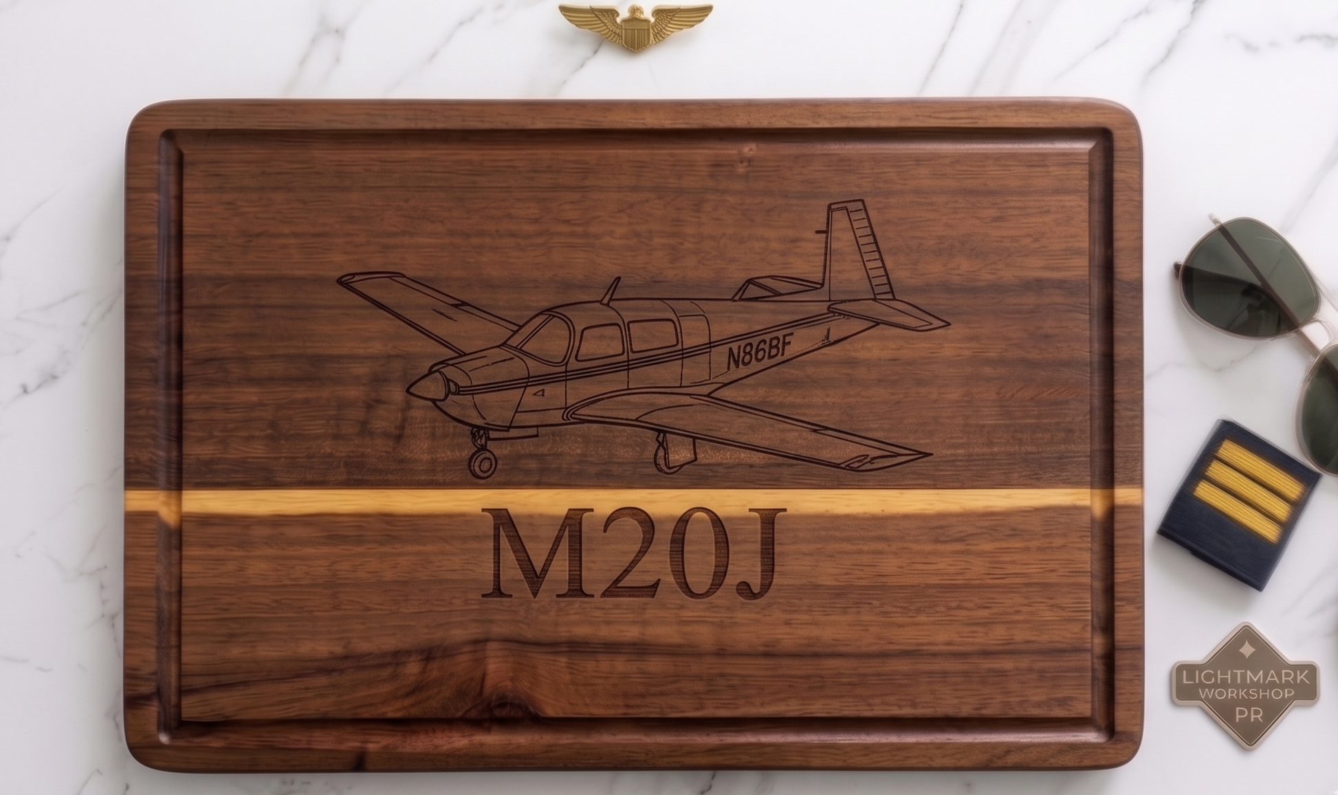 Custom aircraft tail number serving board by The Present Spot, personalized acacia cutting board for pilots and aviator gifts.