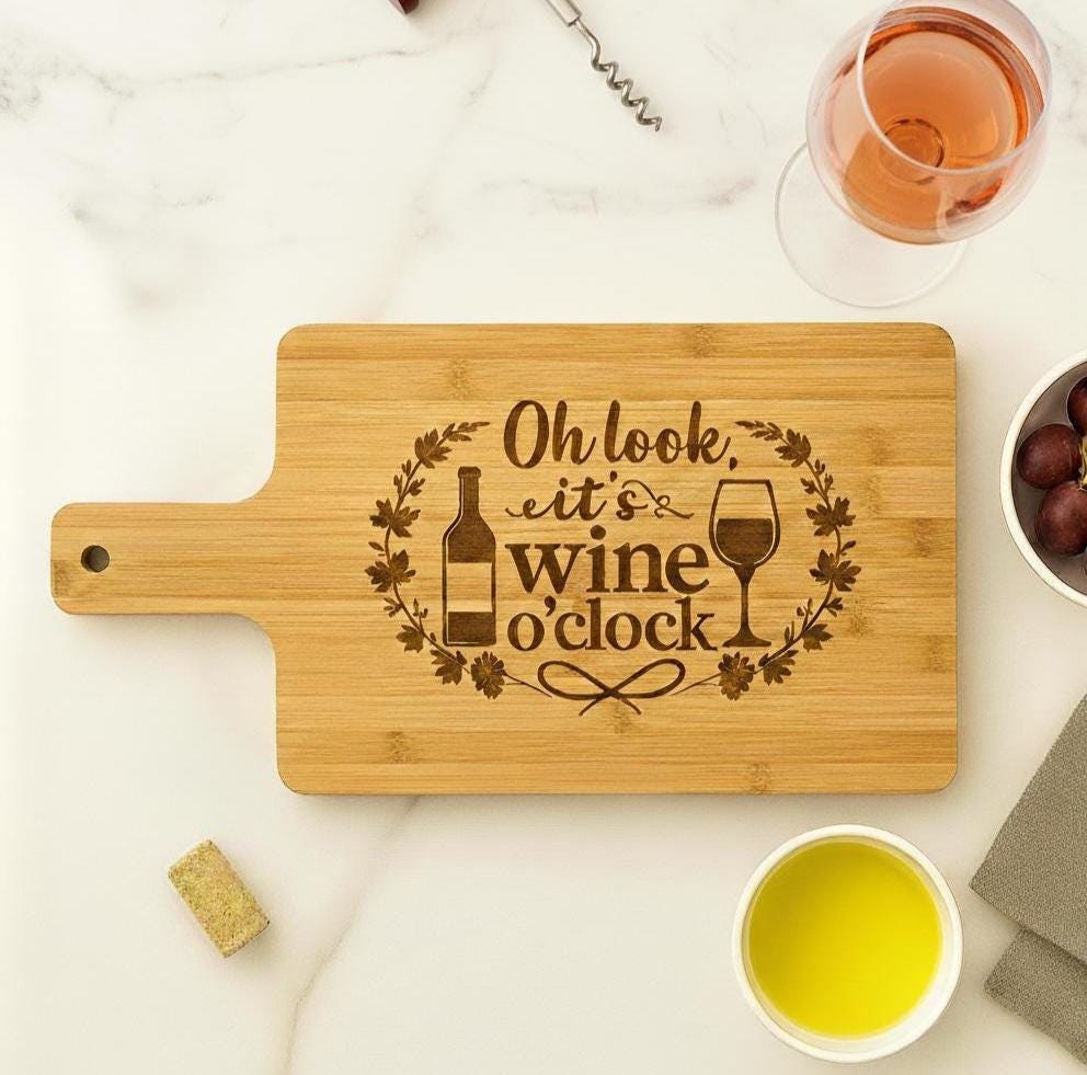 Acacia wood serving cutting board with wine lover quote, perfect for wine enthusiasts, customizable by The Present Spot.