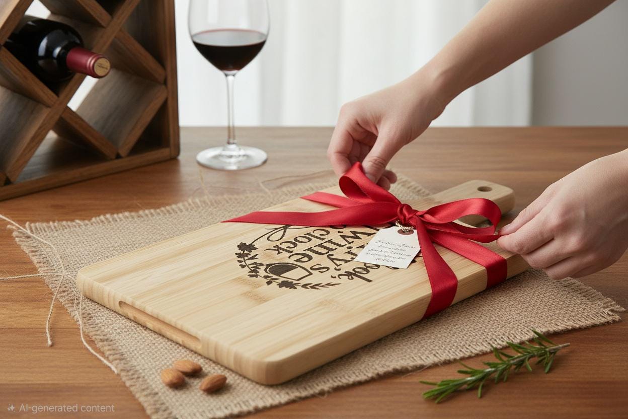 Acacia wood cutting board with wine lover quote "Oh Look Its wine O'clock," perfect for wine enthusiasts, by The Present Spot.