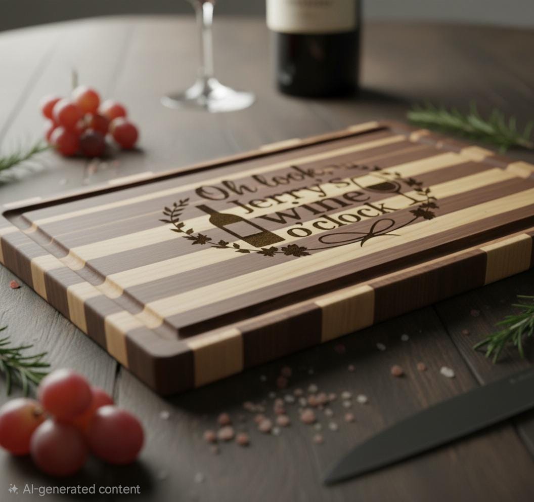 Acacia wood cutting board for wine lovers with customizable "Oh look, it's wine o'clock" quote, perfect as a gift.