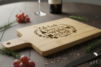 Acacia wood wine lover gift serving board with customizable quote "Oh Look It's Wine O'Clock," perfect for wine enthusiasts.