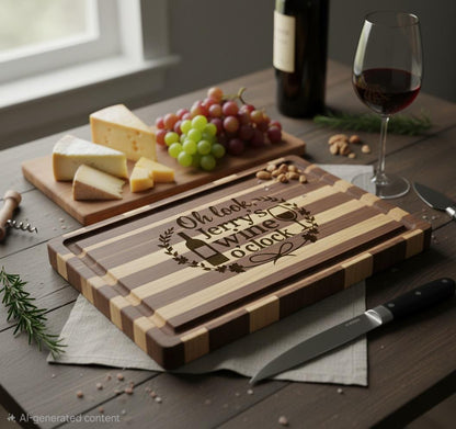 Acacia wood cutting board by The Present Spot with "Oh Look Its Wine O'Clock" quote, perfect for wine lovers and serving.