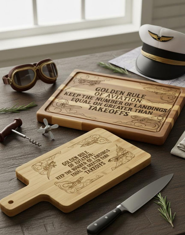 Engraved aviation quote on striped acacia wood cutting board, perfect for pilots and kitchen decor, by The Present Spot.
