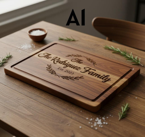 Engraved personalized acacia wood cutting board from The Present Spot, ideal for serving, weddings, or housewarming gifts.
