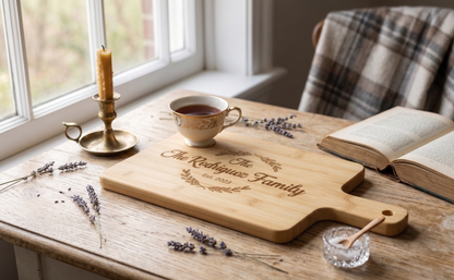 Engraved personalized acacia wood serving board by The Present Spot, ideal for weddings, housewarmings, and cozy kitchen decor.