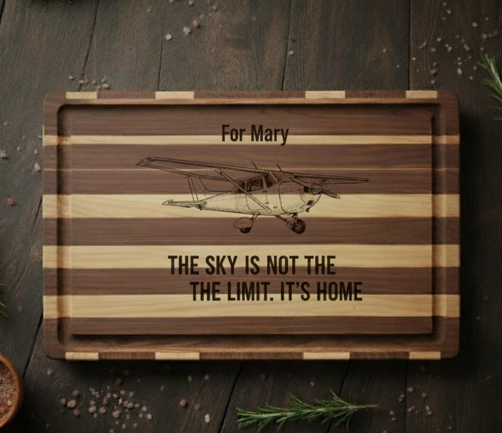 Personalized aviation cutting board engraved with pilot design, made of acacia or bamboo, 14x10 inches, perfect for gift or kitchen use