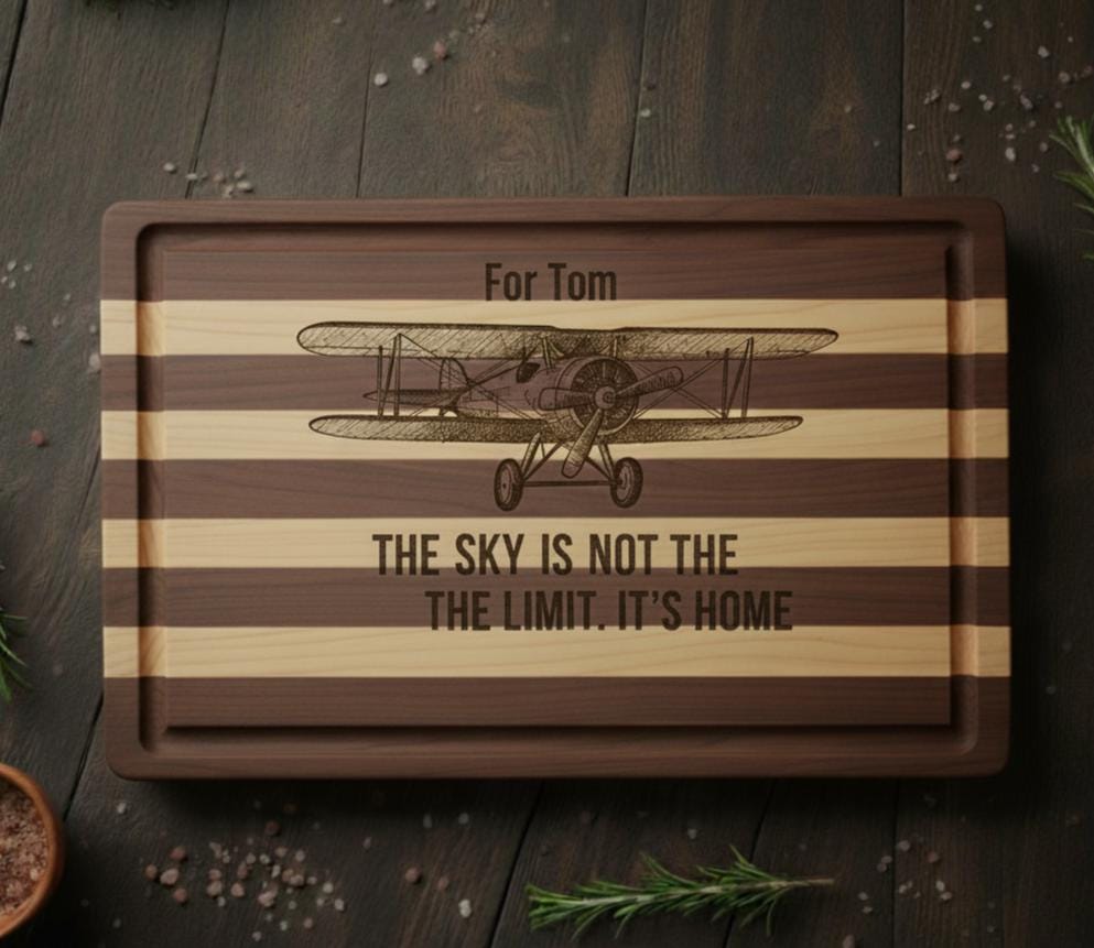 Personalized aviation cutting board with engraved pilot design, made of acacia or bamboo, 14x10 inches, perfect pilot gift.