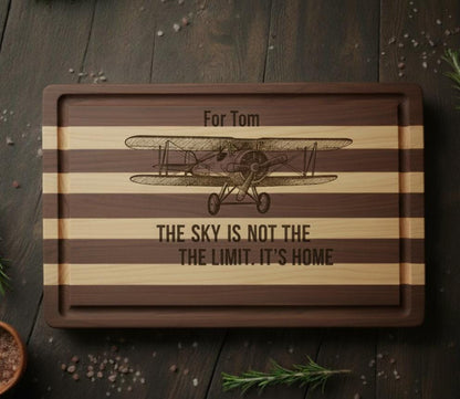 Personalized aviation cutting board with engraved pilot design, made of acacia or bamboo, 14x10 inches, perfect pilot gift.