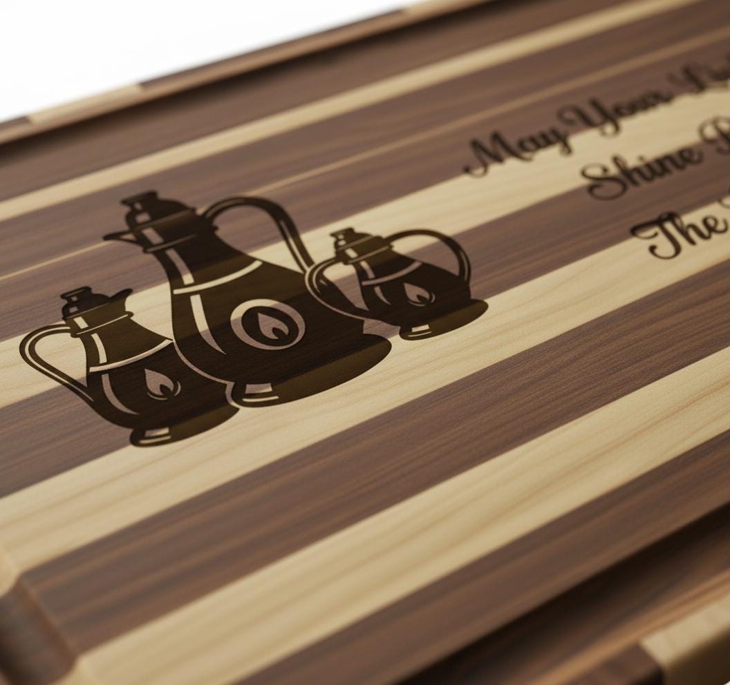 Personalized Hanukkah cutting board by The Present Spot with engraved oil lamps and family name, made of acacia wood.
